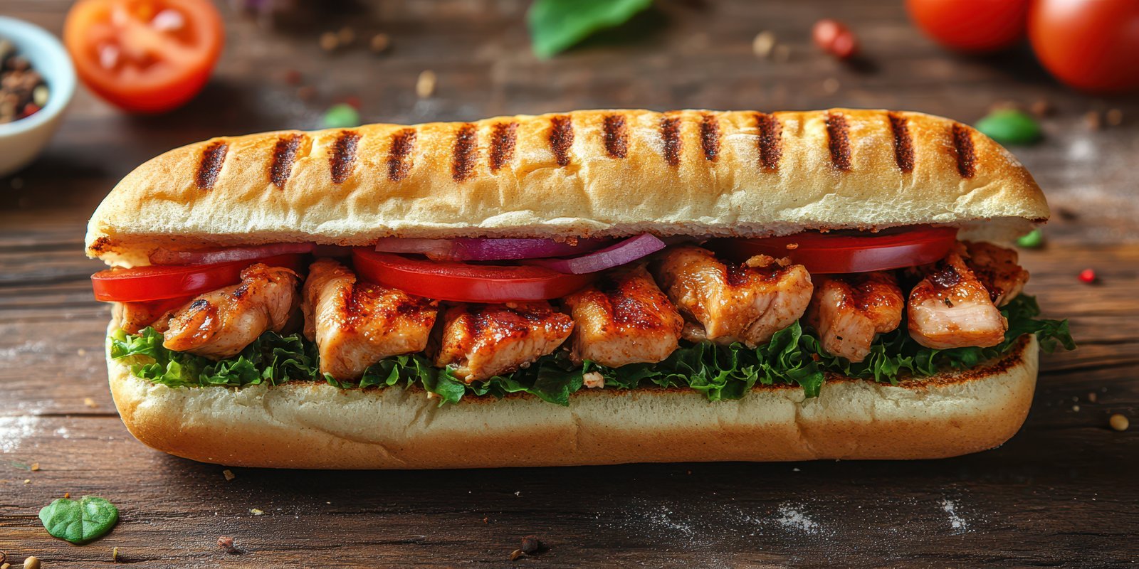 Grilled chicken sandwich with fresh vegetables served on a wooden table in a bright kitchen setting